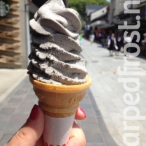 From an ice cream stand on the 参道 (sandō, the road leading up to a temple or shrine) to Dazaifu Tenmangū. They sell normal flavors & unusual flavors. Black sesame isn't that unusual, but I recommend their tofu flavored ice cream and corn flavored ice cream too. (April 2016)