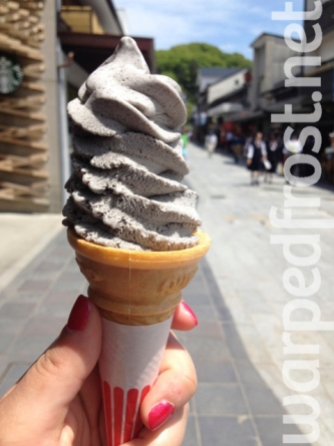 From an ice cream stand on the 参道 (sandō, the road leading up to a temple or shrine) to Dazaifu Tenmangū. They sell normal flavors & unusual flavors. Black sesame isn't that unusual, but I recommend their tofu flavored ice cream and corn flavored ice cream too. (April 2016)