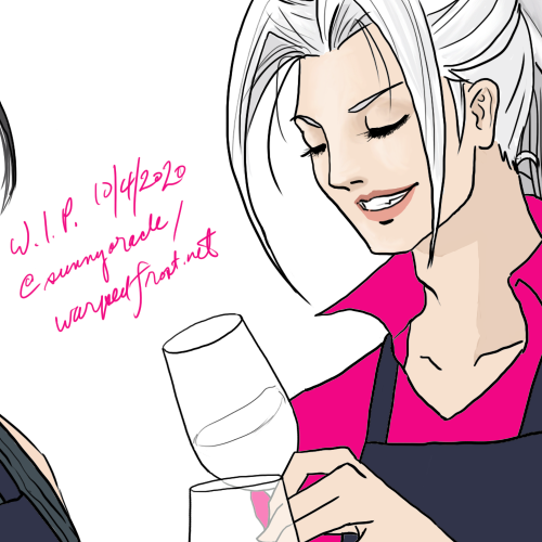 Close up of a work in progress image showing Sephiroth wearing an apron and holding out a wine glass, apparently toasting with someone.
