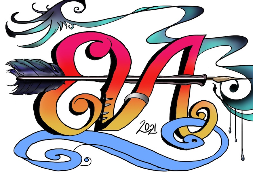 The initials EVA in a cursive script, with a winged penholder & nib going through them. Above is a ribbon-like design, below is an abstracted French curve (the drawing tool).